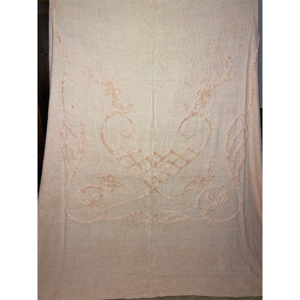 Vtg Twin Pink Chenille Bedspread 90x100" Floral Stripe Granny Style
